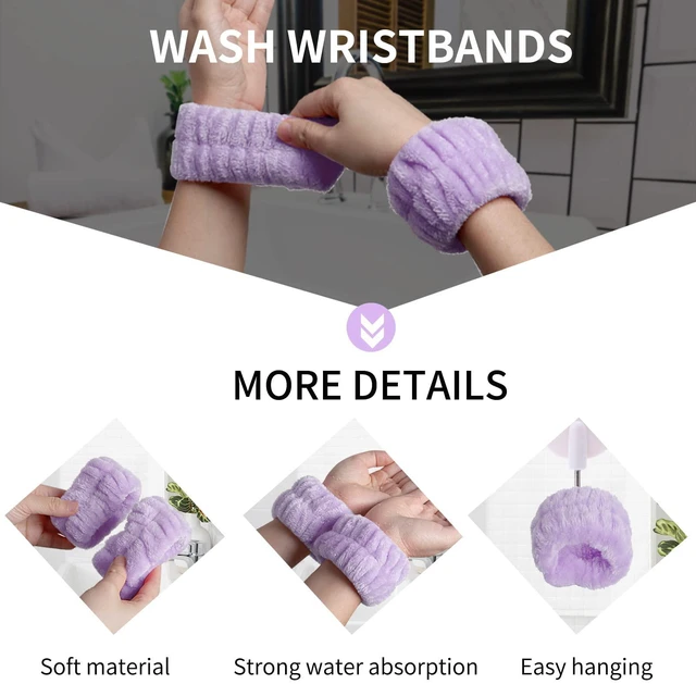 Alt view image 5 of 7 - Spa headband, Wristbands, Headband for Washing Face&Makeup,Purple | Face Wash Headband,2pcs Wristlets for Sleeves Dry, Make up Headband