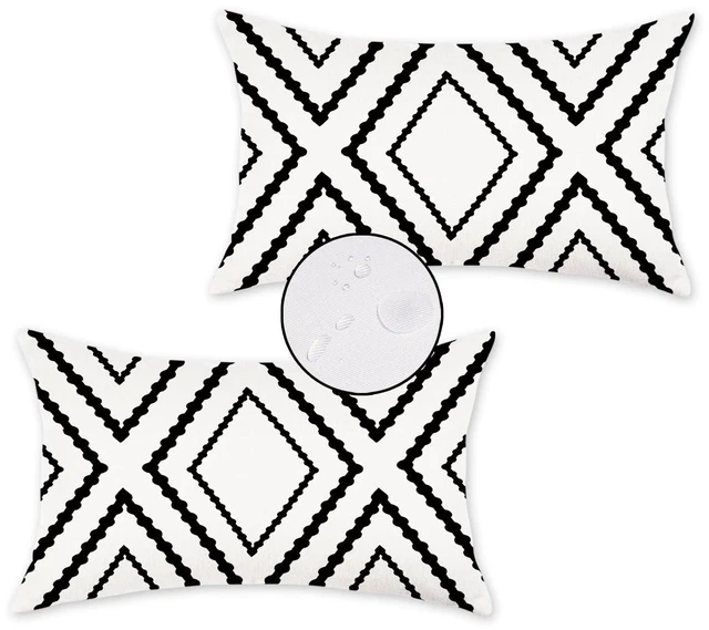 Main image of White and Black Outdoor Pillow Covers 12x20 Waterproof Geometric Boho Pillows Patio Furniture Cushion Case Set of 2