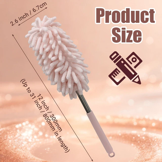 Alt view image 3 of 7 - 2 Pack Car Interior Duster, Pink | Retractable, 12 to 31 Inch Extendable Pole, Bendable Head, Soft Chenille Dusting Brush, For Auto, Home, Office & Furniture