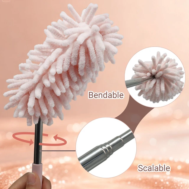 Alt view image 4 of 7 - 2 Pack Car Interior Duster, Pink | Retractable, 12 to 31 Inch Extendable Pole, Bendable Head, Soft Chenille Dusting Brush, For Auto, Home, Office & Furniture
