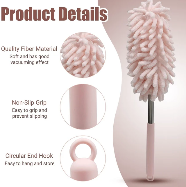 Alt view image 5 of 7 - 2 Pack Car Interior Duster, Pink | Retractable, 12 to 31 Inch Extendable Pole, Bendable Head, Soft Chenille Dusting Brush, For Auto, Home, Office & Furniture