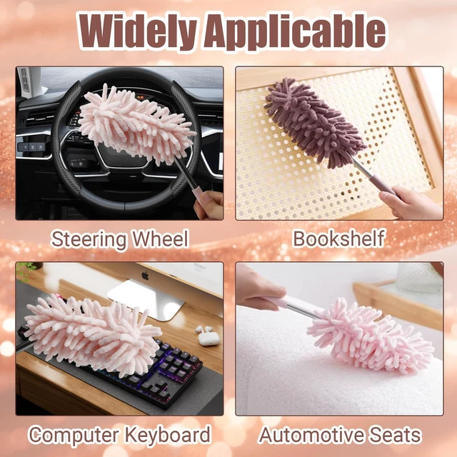 Alt view image 6 of 7 - 2 Pack Car Interior Duster, Pink | Retractable, 12 to 31 Inch Extendable Pole, Bendable Head, Soft Chenille Dusting Brush, For Auto, Home, Office & Furniture