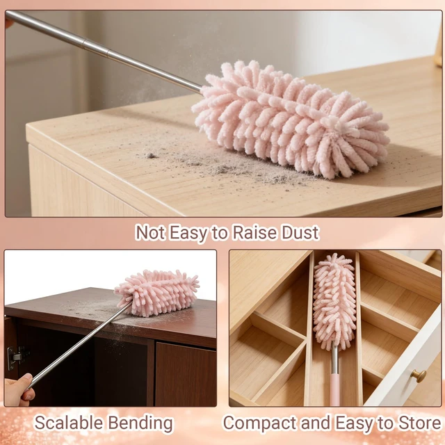 Alt view image 7 of 7 - 2 Pack Car Interior Duster, Pink | Retractable, 12 to 31 Inch Extendable Pole, Bendable Head, Soft Chenille Dusting Brush, For Auto, Home, Office & Furniture