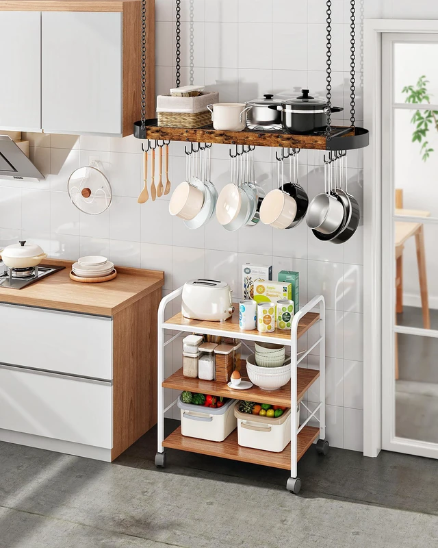 Alt view image 2 of 7 - 39.4-Inch Hanging Pot Rack, Space-Saving Pot Hanger for Kitchen, Ceiling Pan Hanging Rack with 16 Detachable S Hooks, Sturdy Metal Frame, Industrial Style, Rustic Brown and Black