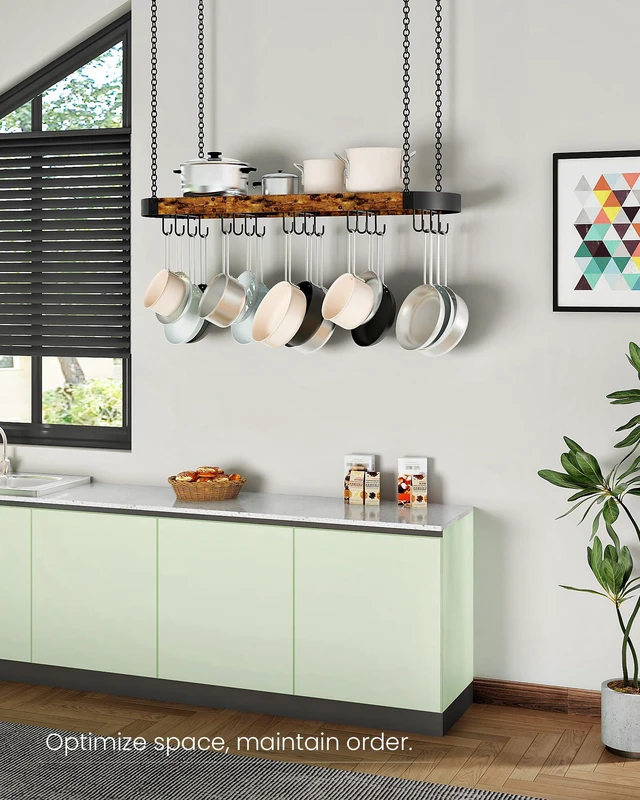 Alt view image 4 of 7 - 39.4-Inch Hanging Pot Rack, Space-Saving Pot Hanger for Kitchen, Ceiling Pan Hanging Rack with 16 Detachable S Hooks, Sturdy Metal Frame, Industrial Style, Rustic Brown and Black
