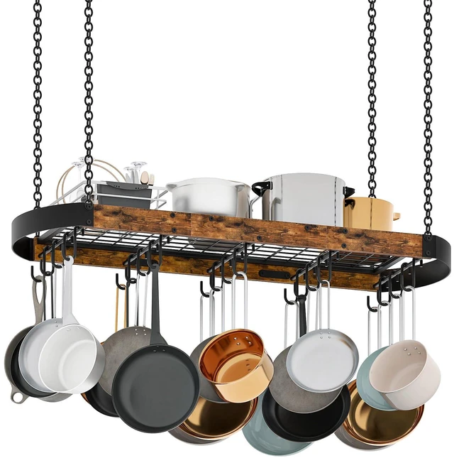 Main image of 39.4-Inch Hanging Pot Rack, Space-Saving Pot Hanger for Kitchen, Ceiling Pan Hanging Rack with 16 Detachable S Hooks, Sturdy Metal Frame, Industrial Style, Rustic Brown and Black