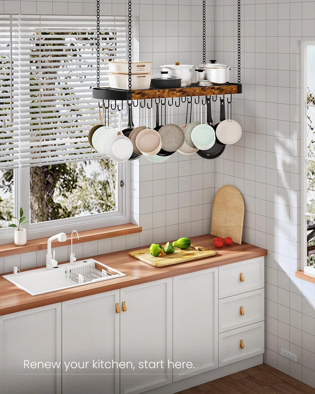 Alt view image 3 of 7 - 39.4-Inch Hanging Pot Rack, Space-Saving Pot Hanger for Kitchen, Ceiling Pan Hanging Rack with 16 Detachable S Hooks, Sturdy Metal Frame, Industrial Style, Rustic Brown and Black