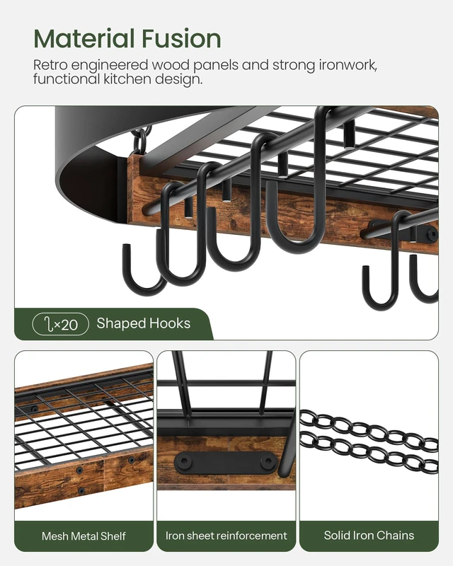 Alt view image 7 of 7 - 39.4-Inch Hanging Pot Rack, Space-Saving Pot Hanger for Kitchen, Ceiling Pan Hanging Rack with 16 Detachable S Hooks, Sturdy Metal Frame, Industrial Style, Rustic Brown and Black