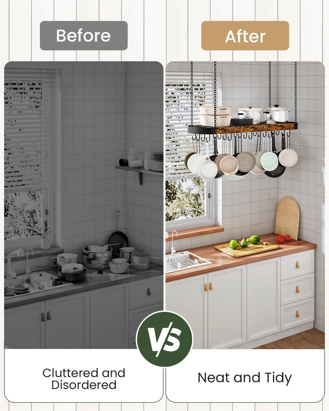Alt view image 6 of 7 - 39.4-Inch Hanging Pot Rack, Space-Saving Pot Hanger for Kitchen, Ceiling Pan Hanging Rack with 16 Detachable S Hooks, Sturdy Metal Frame, Industrial Style, Rustic Brown and Black