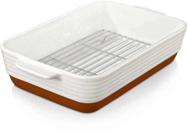 Main image of Large 9x13 Ceramic Baking Dish with Rack, 4.8 Qt, Khaki & White | For lasagna, roasting, baking, serving, oven safe, deep lasagna pan, rectangular bakeware, easy-grip handles,
