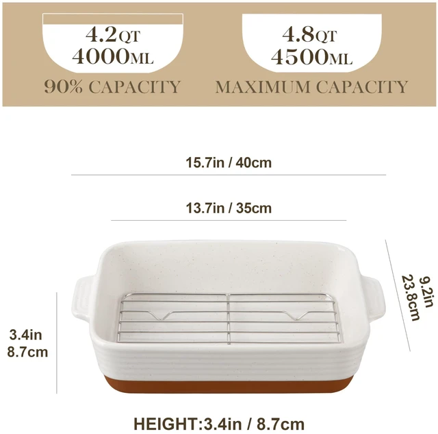 Alt view image 2 of 7 - Large 9x13 Ceramic Baking Dish with Rack, 4.8 Qt, Khaki & White | For lasagna, roasting, baking, serving, oven safe, deep lasagna pan, rectangular bakeware, easy-grip handles,