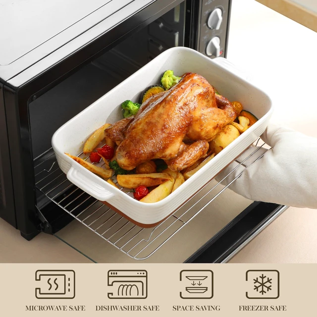 Alt view image 4 of 7 - Large 9x13 Ceramic Baking Dish with Rack, 4.8 Qt, Khaki & White | For lasagna, roasting, baking, serving, oven safe, deep lasagna pan, rectangular bakeware, easy-grip handles,