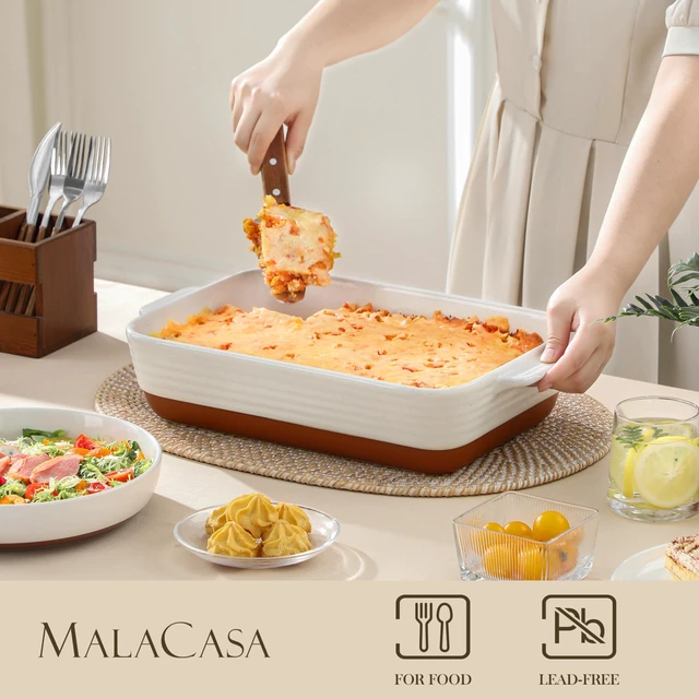 Alt view image 3 of 7 - Large 9x13 Ceramic Baking Dish with Rack, 4.8 Qt, Khaki & White | For lasagna, roasting, baking, serving, oven safe, deep lasagna pan, rectangular bakeware, easy-grip handles,