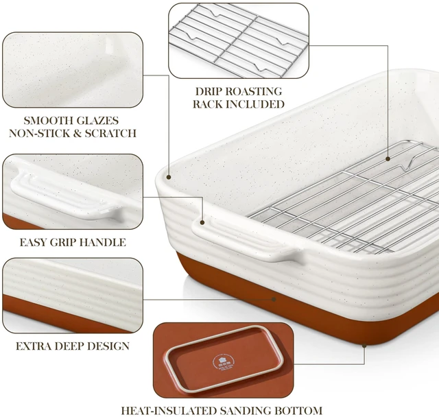Alt view image 5 of 7 - Large 9x13 Ceramic Baking Dish with Rack, 4.8 Qt, Khaki & White | For lasagna, roasting, baking, serving, oven safe, deep lasagna pan, rectangular bakeware, easy-grip handles,