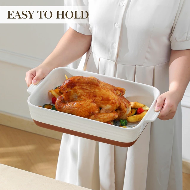 Alt view image 6 of 7 - Large 9x13 Ceramic Baking Dish with Rack, 4.8 Qt, Khaki & White | For lasagna, roasting, baking, serving, oven safe, deep lasagna pan, rectangular bakeware, easy-grip handles,