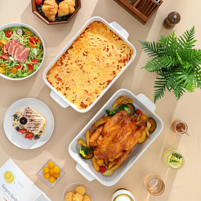 Alt view image 7 of 7 - Large 9x13 Ceramic Baking Dish with Rack, 4.8 Qt, Khaki & White | For lasagna, roasting, baking, serving, oven safe, deep lasagna pan, rectangular bakeware, easy-grip handles,