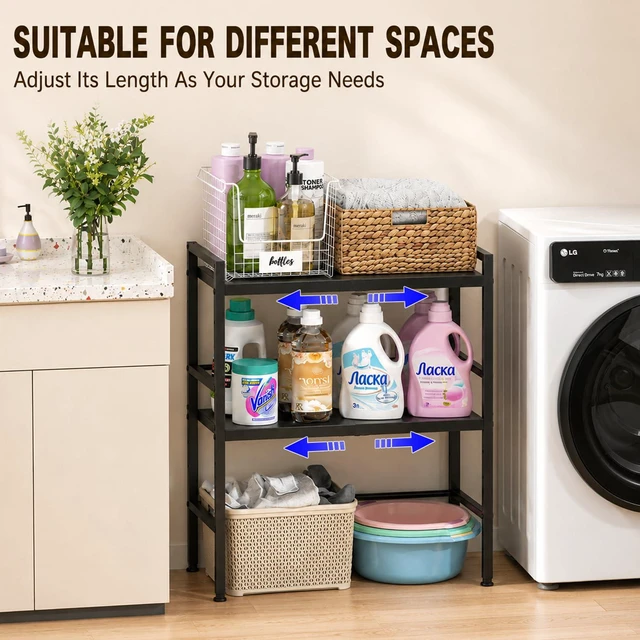 Alt view image 6 of 7 - Expandable Metal Storage Shelves, Adjustable Kitchen Shelving Unit Rack | 300LBS Heavy Duty Storage Shelf For Pots/Pans/Appliances/Heavy Items, 2 Tier Rack Organizer For Kitchen Pantry Garage Laundry