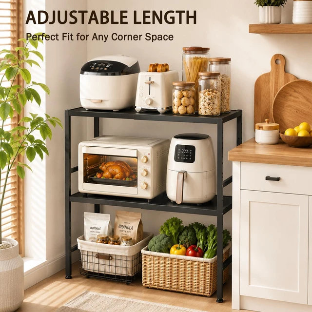 Alt view image 4 of 7 - Expandable Metal Storage Shelves, Adjustable Kitchen Shelving Unit Rack | 300LBS Heavy Duty Storage Shelf For Pots/Pans/Appliances/Heavy Items, 2 Tier Rack Organizer For Kitchen Pantry Garage Laundry