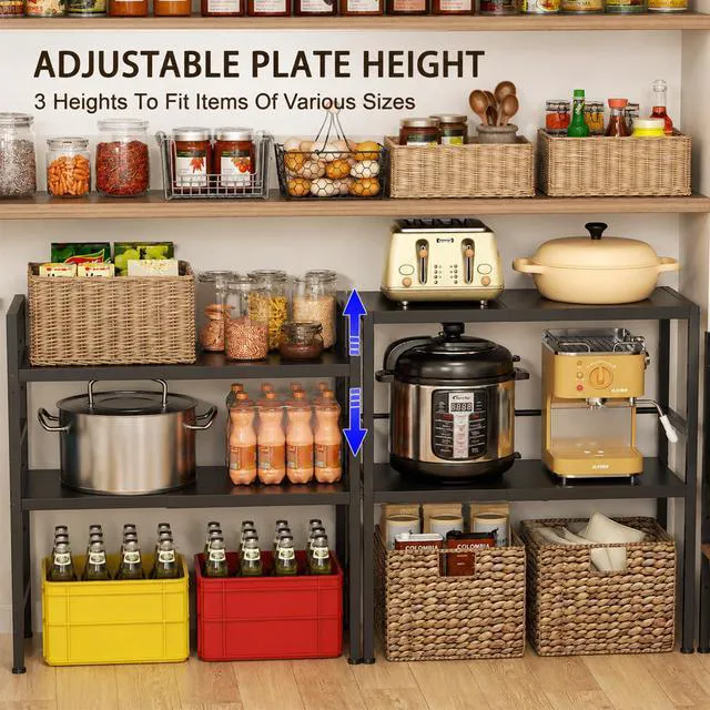 Alt view image 5 of 7 - Expandable Metal Storage Shelves, Adjustable Kitchen Shelving Unit Rack | 300LBS Heavy Duty Storage Shelf For Pots/Pans/Appliances/Heavy Items, 2 Tier Rack Organizer For Kitchen Pantry Garage Laundry