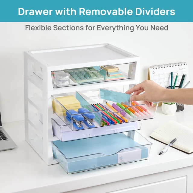 Alt view image 3 of 7 - Clear Desktop Organizer, 4-Tier Drawer Storage with Dividers