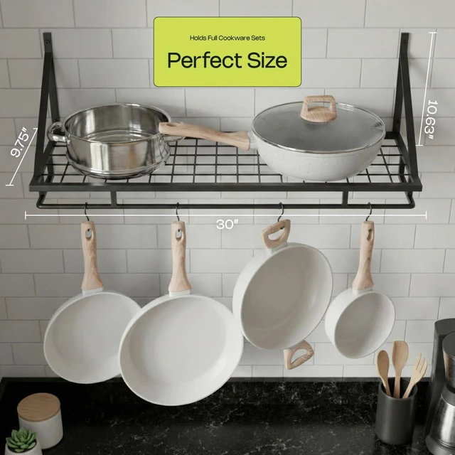 Alt view image 5 of 7 - Pot and Pan Shelf Heavy-Duty Adjustable Cookware Rack for Cabinet or Countertop | Space-Saving Kitchen Organizer for Pots, Pans & Lids Storage