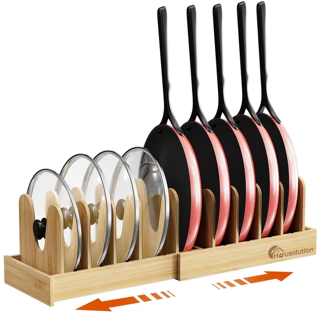 Main image of Bamboo Pot and Pan Lid Organizer Holder Storage Rack | 15"-29" Expandable, 10 Adjustable Dividers, Upgrade Solid Wooden Base, Easy Assembly