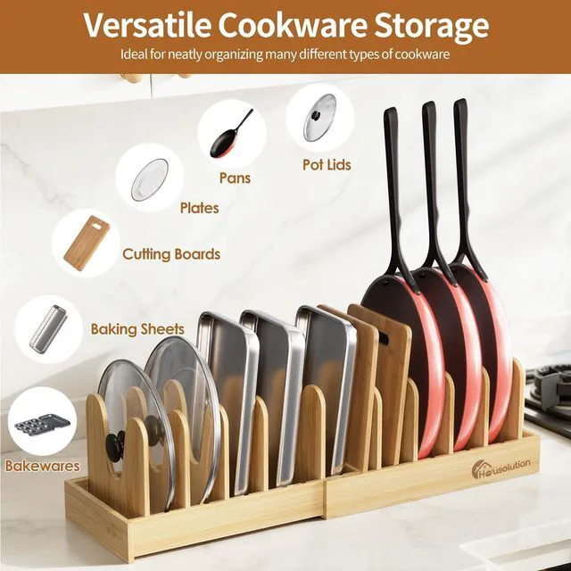 Alt view image 2 of 7 - Bamboo Pot and Pan Lid Organizer Holder Storage Rack | 15"-29" Expandable, 10 Adjustable Dividers, Upgrade Solid Wooden Base, Easy Assembly