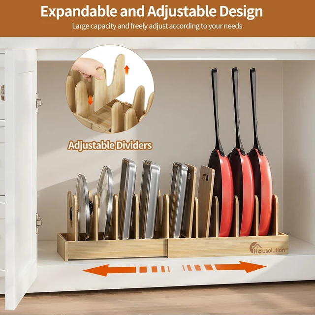 Alt view image 3 of 7 - Bamboo Pot and Pan Lid Organizer Holder Storage Rack | 15"-29" Expandable, 10 Adjustable Dividers, Upgrade Solid Wooden Base, Easy Assembly
