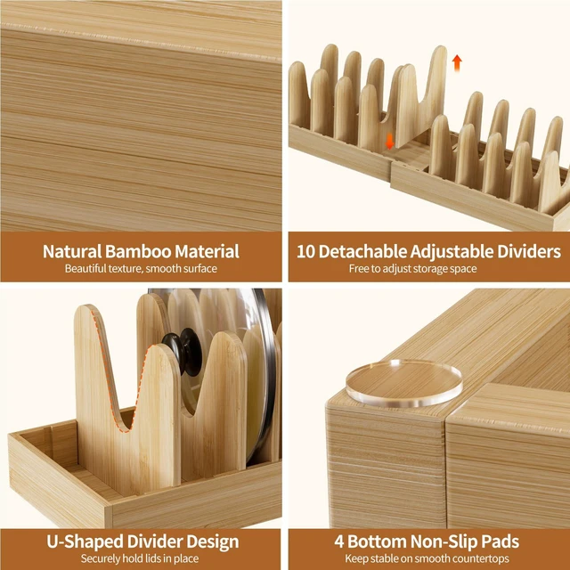 Alt view image 4 of 7 - Bamboo Pot and Pan Lid Organizer Holder Storage Rack | 15"-29" Expandable, 10 Adjustable Dividers, Upgrade Solid Wooden Base, Easy Assembly