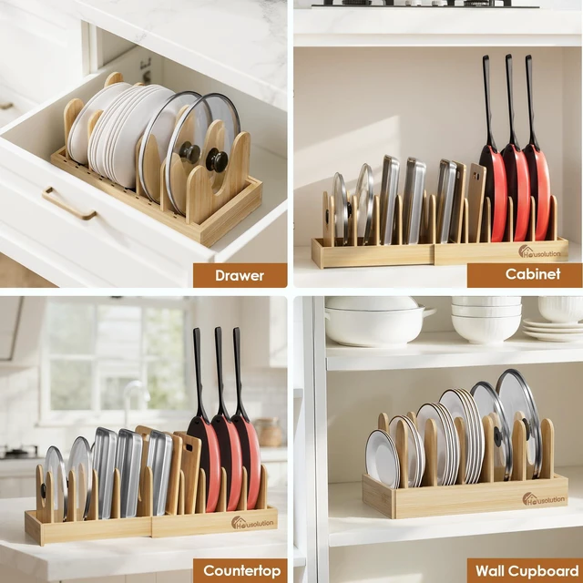 Alt view image 5 of 7 - Bamboo Pot and Pan Lid Organizer Holder Storage Rack | 15"-29" Expandable, 10 Adjustable Dividers, Upgrade Solid Wooden Base, Easy Assembly