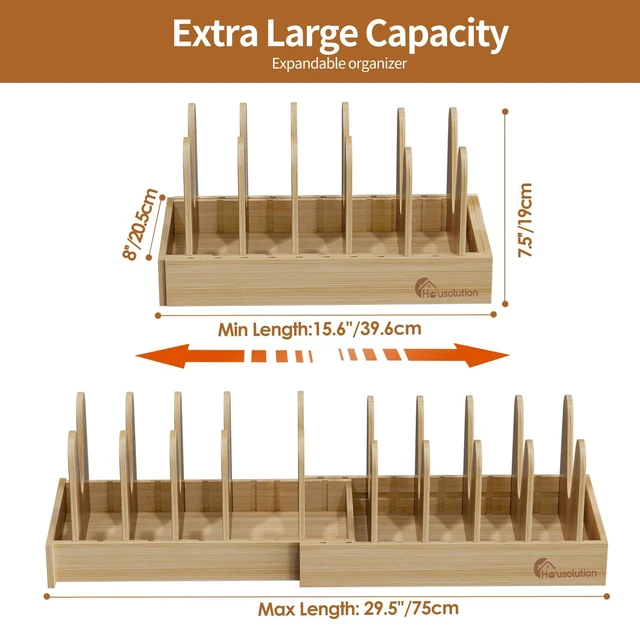 Alt view image 6 of 7 - Bamboo Pot and Pan Lid Organizer Holder Storage Rack | 15"-29" Expandable, 10 Adjustable Dividers, Upgrade Solid Wooden Base, Easy Assembly