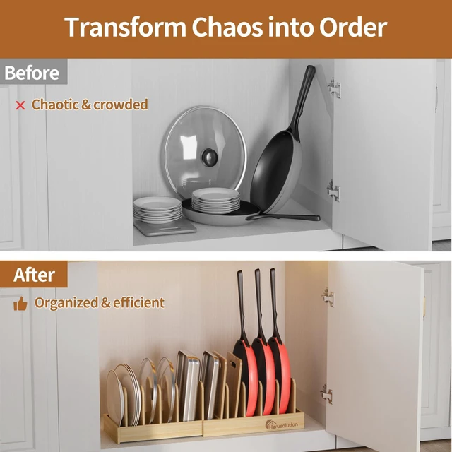 Alt view image 7 of 7 - Bamboo Pot and Pan Lid Organizer Holder Storage Rack | 15"-29" Expandable, 10 Adjustable Dividers, Upgrade Solid Wooden Base, Easy Assembly