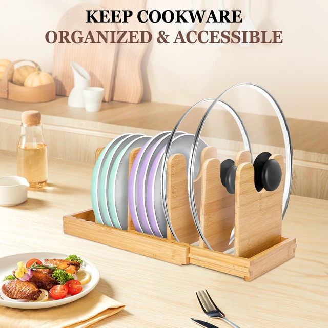 Alt view image 3 of 7 - Bamboo Expandable Pot Lid Organizer, Pots and Pans Holder Rack for Cabinet | 10pcs Removable Dividers, Customized Storage, Space-saving, FSC-certified Bamboo, No Assembly