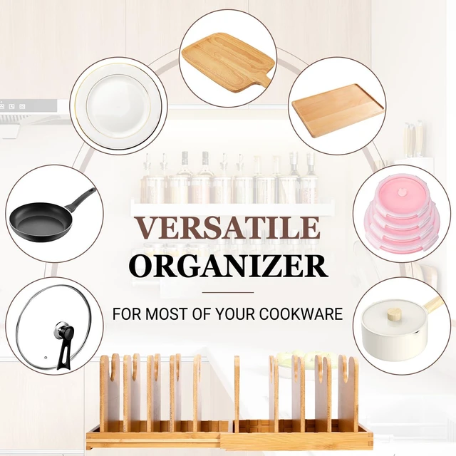 Alt view image 4 of 7 - Bamboo Expandable Pot Lid Organizer, Pots and Pans Holder Rack for Cabinet | 10pcs Removable Dividers, Customized Storage, Space-saving, FSC-certified Bamboo, No Assembly