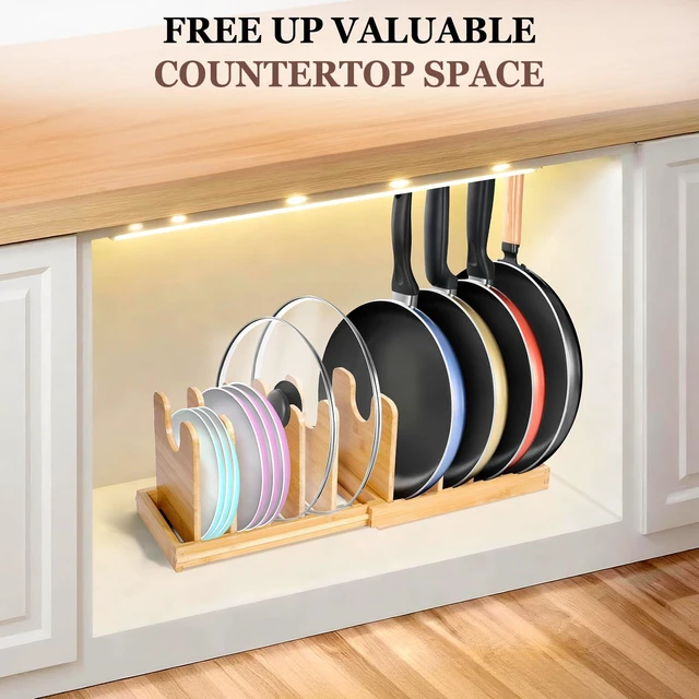 Alt view image 6 of 7 - Bamboo Expandable Pot Lid Organizer, Pots and Pans Holder Rack for Cabinet | 10pcs Removable Dividers, Customized Storage, Space-saving, FSC-certified Bamboo, No Assembly