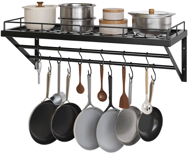 Main image of Pot Rack, 30 Inch Wall Mounted Pot Rack, Kitchen Pot and Pan Organizer with 2 Tier Hanging Rails, 12 S-Hooks, Space Saving, for Kitchen Cookware Organizer, Black PR02BK