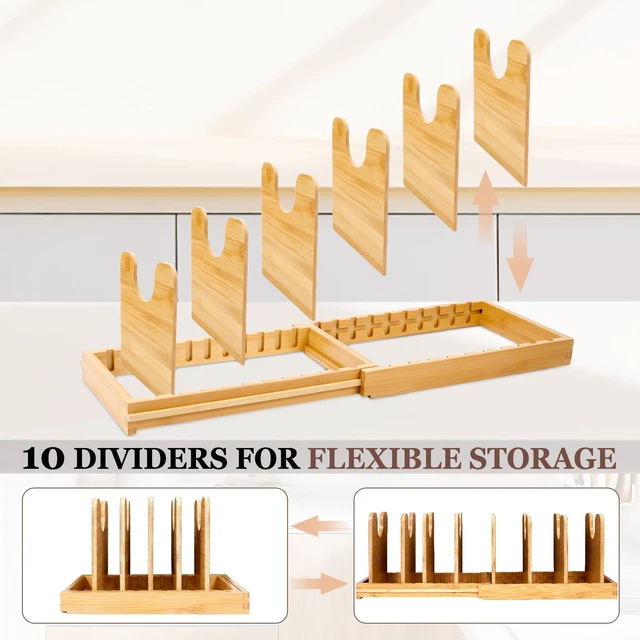 Alt view image 7 of 7 - Bamboo Expandable Pot Lid Organizer, Pots and Pans Holder Rack for Cabinet | 10pcs Removable Dividers, Customized Storage, Space-saving, FSC-certified Bamboo, No Assembly