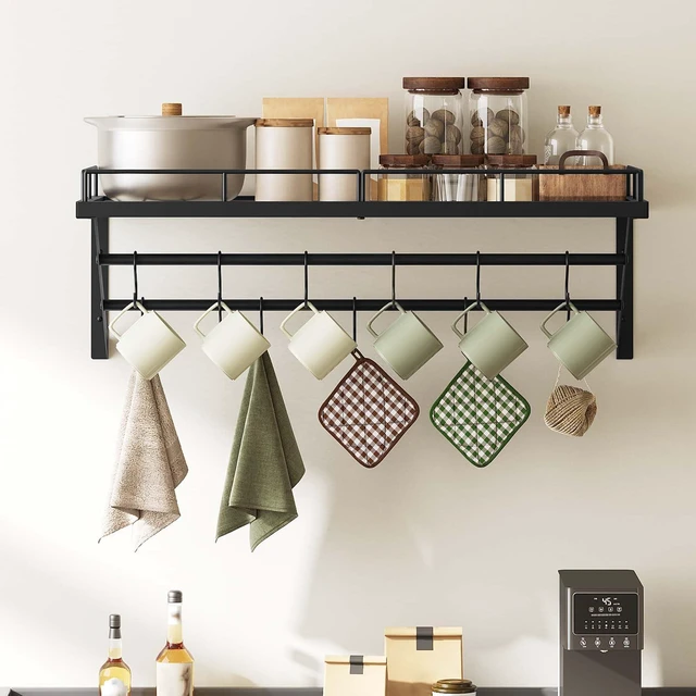Alt view image 2 of 7 - Pot Rack, 30 Inch Wall Mounted Pot Rack, Kitchen Pot and Pan Organizer with 2 Tier Hanging Rails, 12 S-Hooks, Space Saving, for Kitchen Cookware Organizer, Black PR02BK