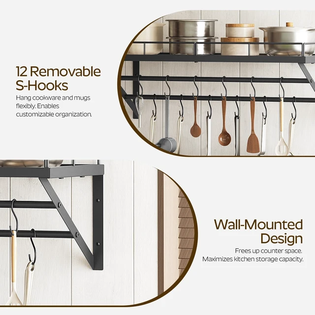 Alt view image 4 of 7 - Pot Rack, 30 Inch Wall Mounted Pot Rack, Kitchen Pot and Pan Organizer with 2 Tier Hanging Rails, 12 S-Hooks, Space Saving, for Kitchen Cookware Organizer, Black PR02BK