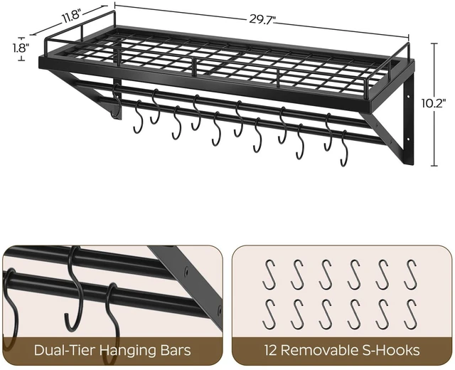 Alt view image 3 of 7 - Pot Rack, 30 Inch Wall Mounted Pot Rack, Kitchen Pot and Pan Organizer with 2 Tier Hanging Rails, 12 S-Hooks, Space Saving, for Kitchen Cookware Organizer, Black PR02BK
