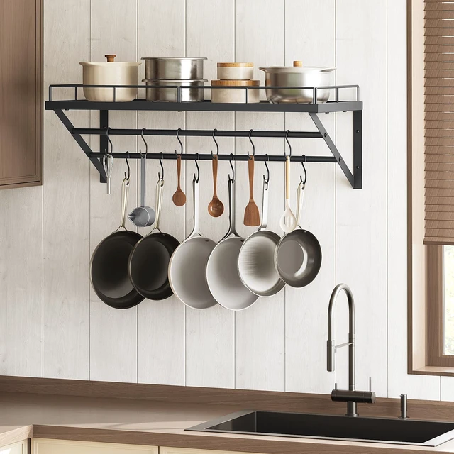 Alt view image 7 of 7 - Pot Rack, 30 Inch Wall Mounted Pot Rack, Kitchen Pot and Pan Organizer with 2 Tier Hanging Rails, 12 S-Hooks, Space Saving, for Kitchen Cookware Organizer, Black PR02BK