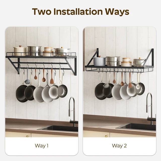 Alt view image 5 of 7 - Pot Rack, 30 Inch Wall Mounted Pot Rack, Kitchen Pot and Pan Organizer with 2 Tier Hanging Rails, 12 S-Hooks, Space Saving, for Kitchen Cookware Organizer, Black PR02BK