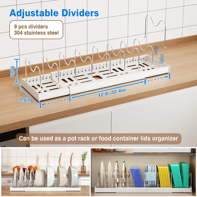 Alt view image 2 of 6 - 2 Pack Pots and Pans Organizer Under Cabinet, 22" Expandable Food Storage Container Lid Organizers with 9 Adjustable Dividers Pot and Pan Lid Holders Rack Inside Cabinet/Countertop(White)