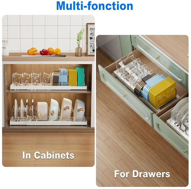 Alt view image 3 of 6 - 2 Pack Pots and Pans Organizer Under Cabinet, 22" Expandable Food Storage Container Lid Organizers with 9 Adjustable Dividers Pot and Pan Lid Holders Rack Inside Cabinet/Countertop(White)