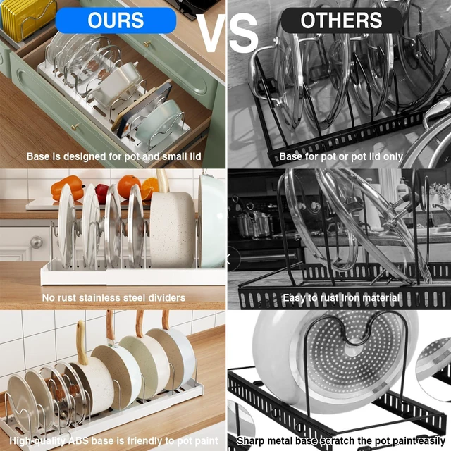 Alt view image 5 of 6 - 2 Pack Pots and Pans Organizer Under Cabinet, 22" Expandable Food Storage Container Lid Organizers with 9 Adjustable Dividers Pot and Pan Lid Holders Rack Inside Cabinet/Countertop(White)