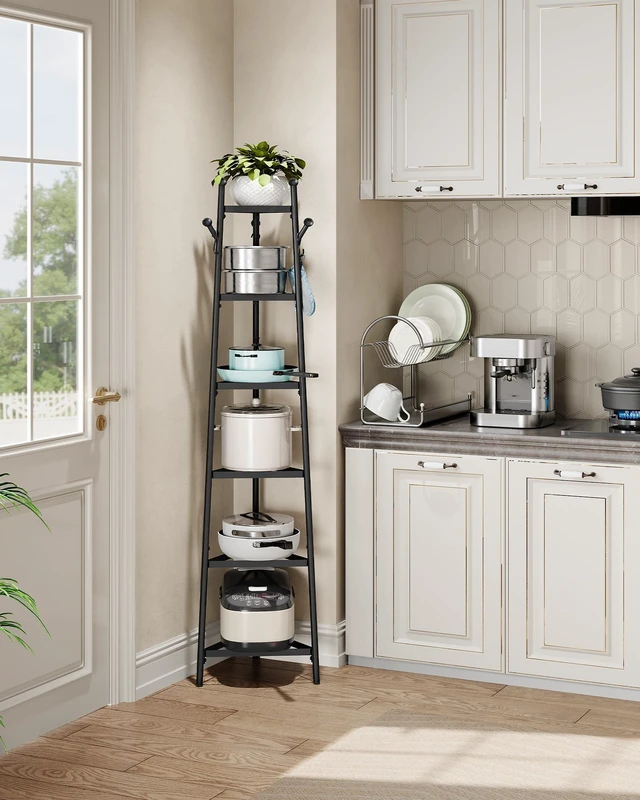 Alt view image 3 of 7 - Pot Racks, 6-Tier Cookware Stand, Triangle Shelf Storage Tower for Kitchen, Pans Pots Storage Rack, Metal Wire Shelf Organizer, Corner Shelf, for Kitchen, Living Room, Black TPR15BB