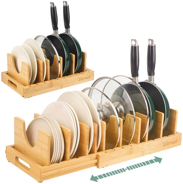 Main image of Bamboo Pot Lid Organizer, Adjustable Kitchen Organizer for Cabinet, Expandable Pot and Pan Storage Rack, Kitchen Organization for Lids, Bakeware, and Cutting Boards
