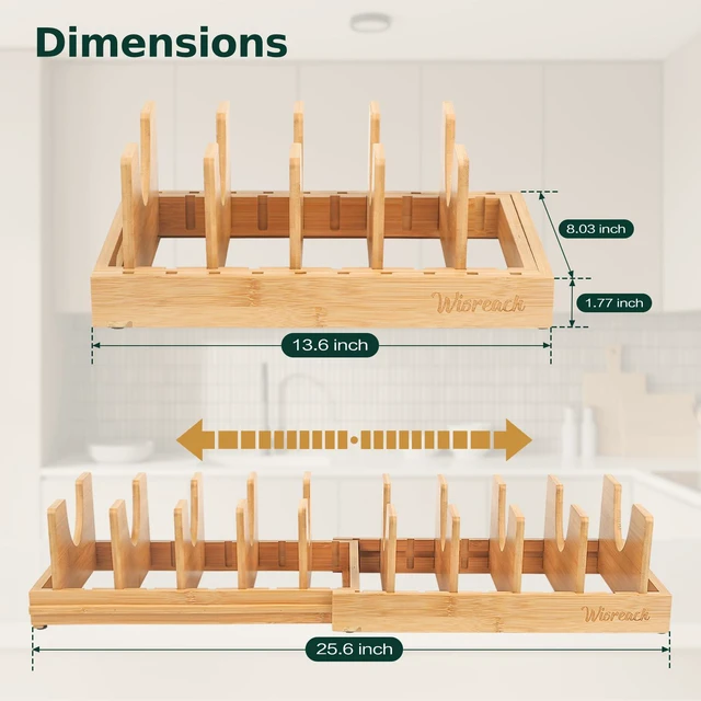 Alt view image 2 of 7 - Bamboo Pot Lid Organizer, Adjustable Kitchen Organizer for Cabinet, Expandable Pot and Pan Storage Rack, Kitchen Organization for Lids, Bakeware, and Cutting Boards