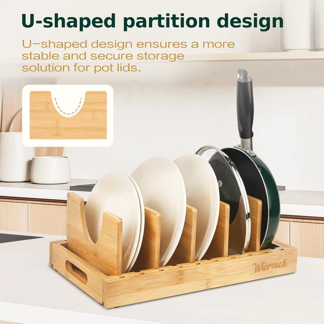 Alt view image 3 of 7 - Bamboo Pot Lid Organizer, Adjustable Kitchen Organizer for Cabinet, Expandable Pot and Pan Storage Rack, Kitchen Organization for Lids, Bakeware, and Cutting Boards