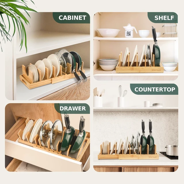 Alt view image 7 of 7 - Bamboo Pot Lid Organizer, Adjustable Kitchen Organizer for Cabinet, Expandable Pot and Pan Storage Rack, Kitchen Organization for Lids, Bakeware, and Cutting Boards